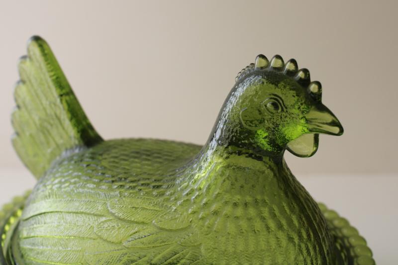 vintage hen on nest box or covered dish, avocado green color Indiana glass