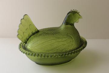 vintage hen on nest box or covered dish, avocado green color Indiana glass