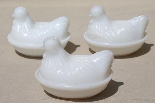 vintage hen on nest collection, amber, milk glass, clear pressed glass dishes hens on nests