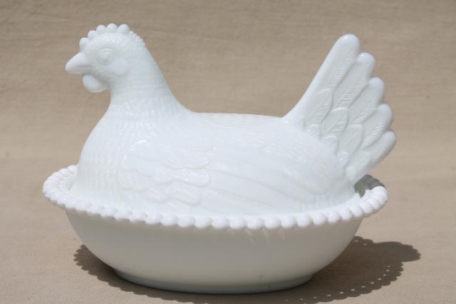 vintage hen on nest collection, amber, milk glass, clear pressed glass dishes hens on nests