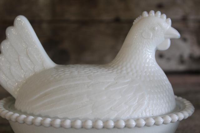 vintage hen on nest covered dishes, milk glass and white w/ blue head, farmhouse chickens