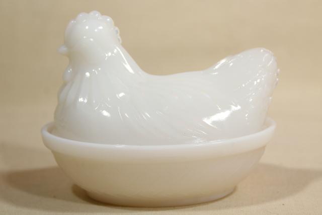 vintage hen on nest covered dishes or boxes, white opalescent milk glass