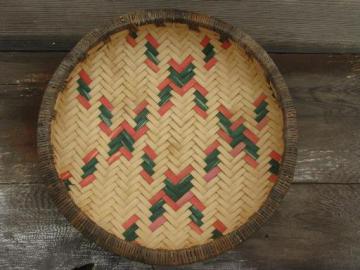 vintage herb drying basket, round flat basketry tray for herbs