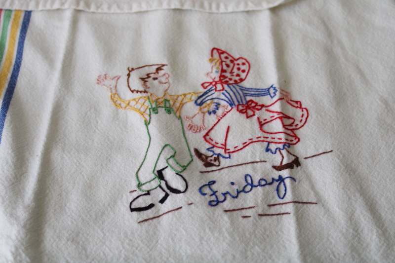 vintage hillbilly days of the week embroidered towels, striped cotton kitchen towel set