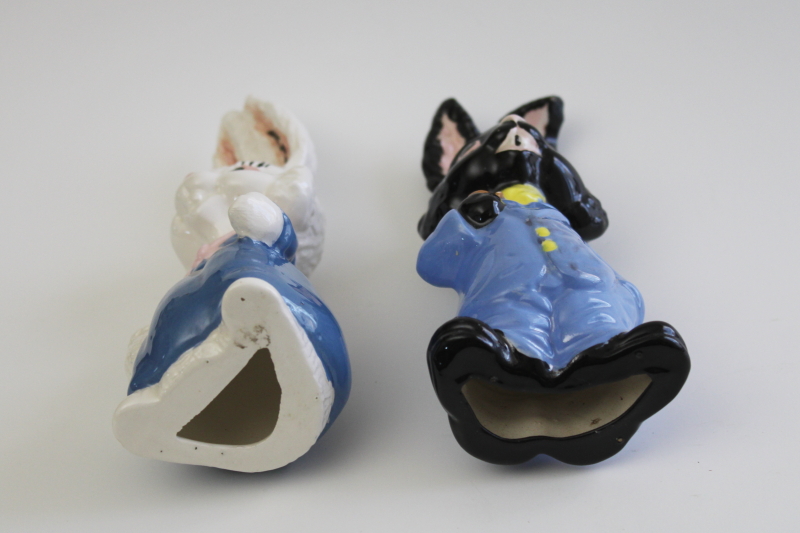 vintage hobbyist ceramic Easter bunnies, hand painted figurines black boy bunny white girl rabbit couple