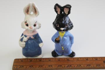 vintage hobbyist ceramic Easter bunnies, hand painted figurines black boy bunny white girl rabbit couple