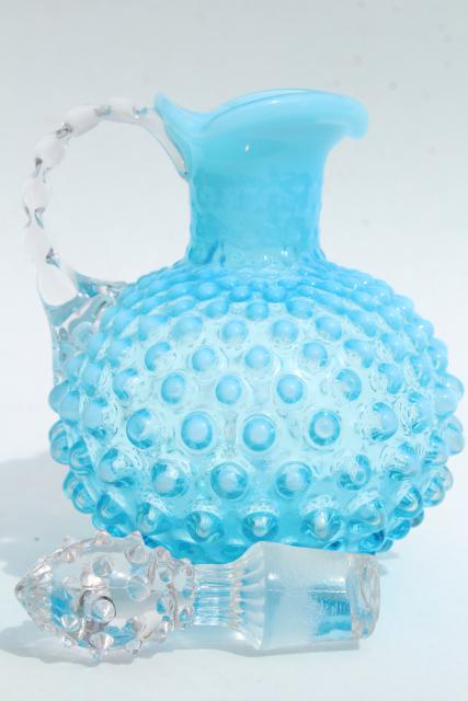 vintage hobnail glass cruet, aqua blue glass bottle w/ clear glass stopper