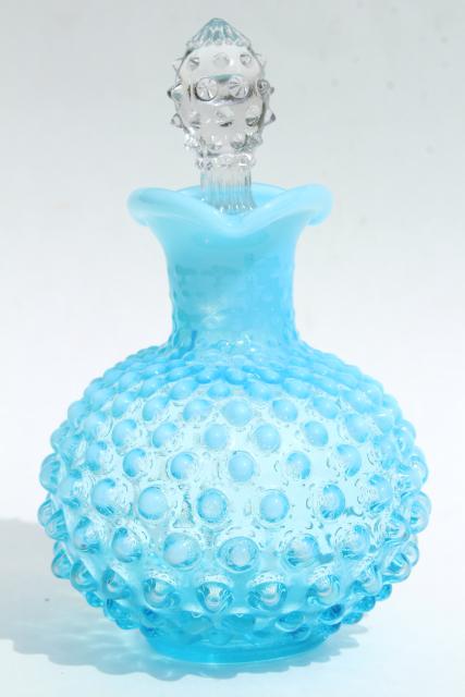 vintage hobnail glass cruet, aqua blue glass bottle w/ clear glass stopper