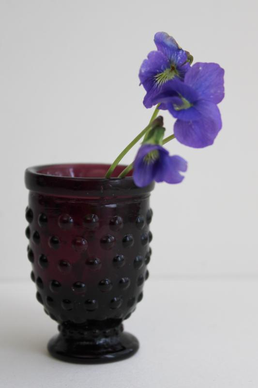 vintage hobnail glass toothpick vase or match holder, old amethyst glass