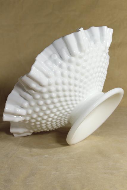 vintage hobnail milk glass bowl marked Fenton, low compote dish w/ crimped ruffle edge