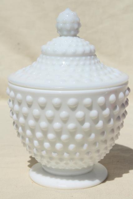 vintage hobnail milk glass covered jar or candy dish, unmarked Fenton glass