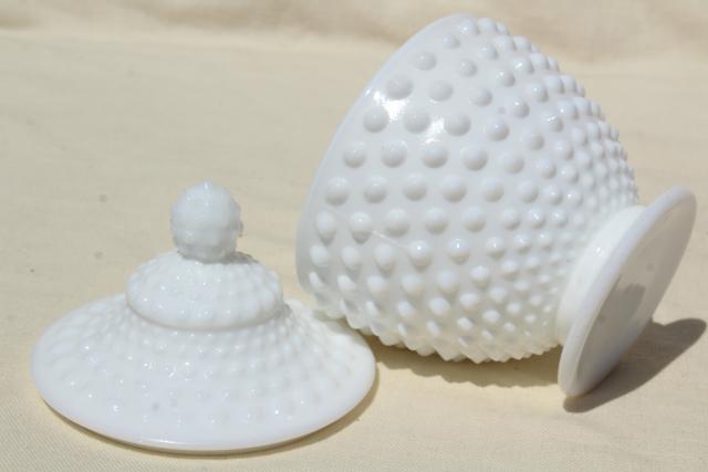 vintage hobnail milk glass covered jar or candy dish, unmarked Fenton glass