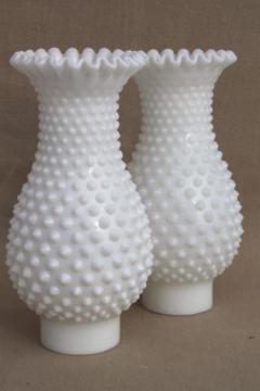 vintage hobnail milk glass hurricane shades, hand blown opaque white lamp chimney pair