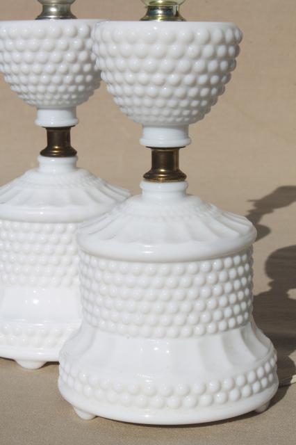vintage hobnail milk glass lamps, 1950s dresser lamp pair boudoir lamps