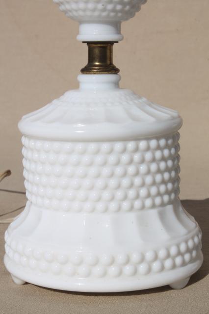vintage hobnail milk glass lamps, 1950s dresser lamp pair boudoir lamps