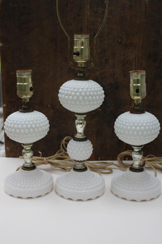 vintage hobnail milk glass lamps, pair of dresser lamps & tall nightstand lamp