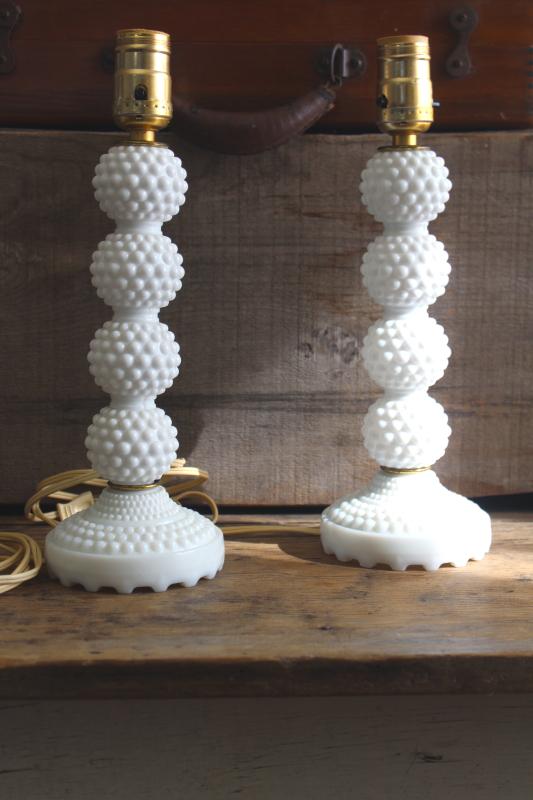 vintage hobnail milk glass lamps, pair of vanity table or boudoir lamps
