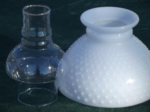 vintage hobnail milk glass lampshade w/ glass chimney, for student lamp