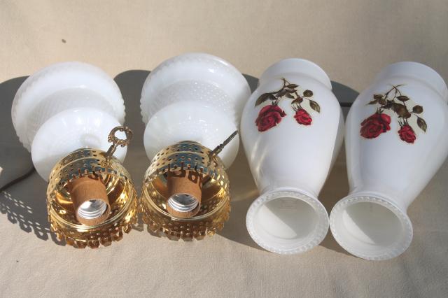 vintage hobnail milk glass vanity table lamps w/ pink roses, boudoir lamp pair