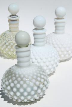vintage hobnail milk glass & white opalescent perfume cologne bottles, instant collection