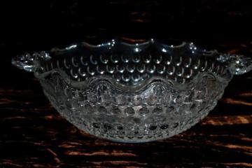 vintage hobnail pattern clear glass bowl w/ handles, ruffled edge hobnail glass dish