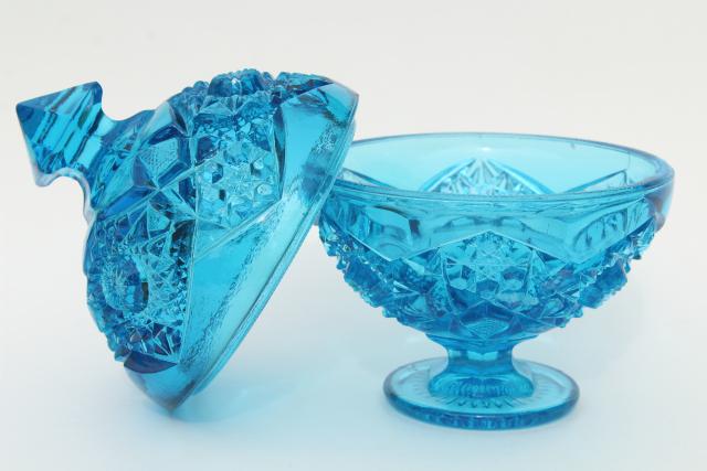 vintage hobstar & fan pattern pressed glass candy dish, beautiful blue glass