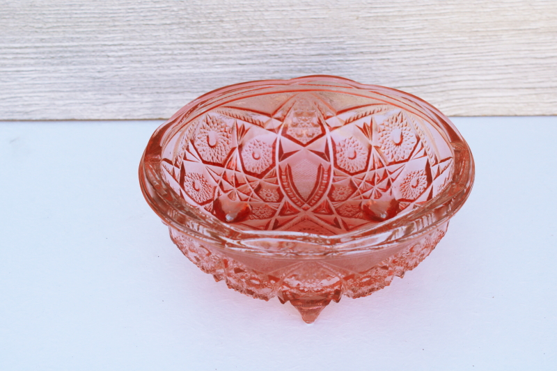 vintage hobstar pattern pressed glass bowl, sunset pink Jeannette glass 60s or 70s
