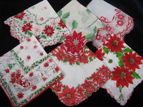 vintage holiday handkerchief lot, print cotton hankies for Christmas