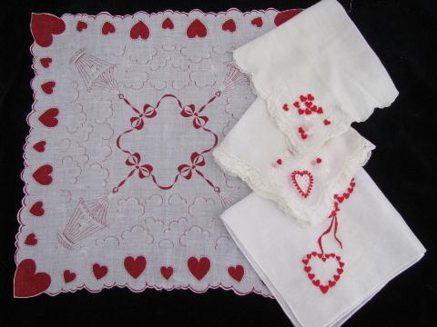 vintage holiday handkerchiefs lot, fancy hankies for Valentine's Day