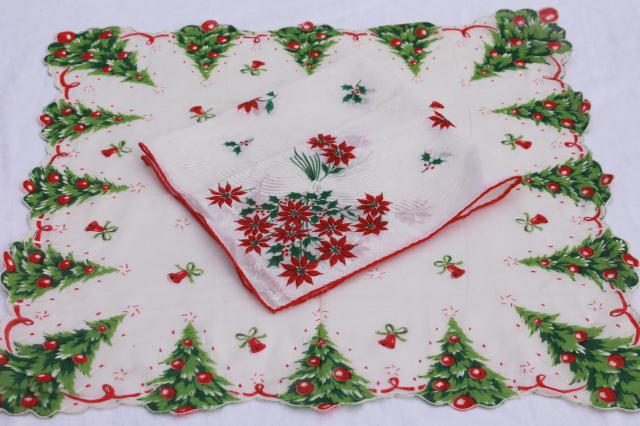 vintage holiday hankies, Christmas tree & poinsettia flowers print cotton handkerchiefs 