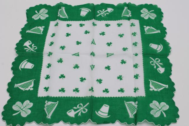 vintage holiday hankies, St Patrick's Day green shamrock print handkerchiefs 