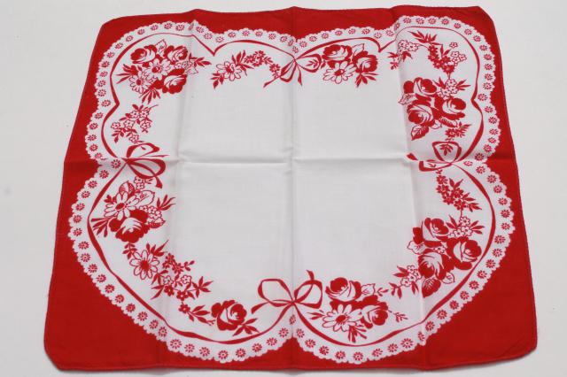 vintage holiday hankies, collection of Valentine's Day valentine hearts handkerchiefs 