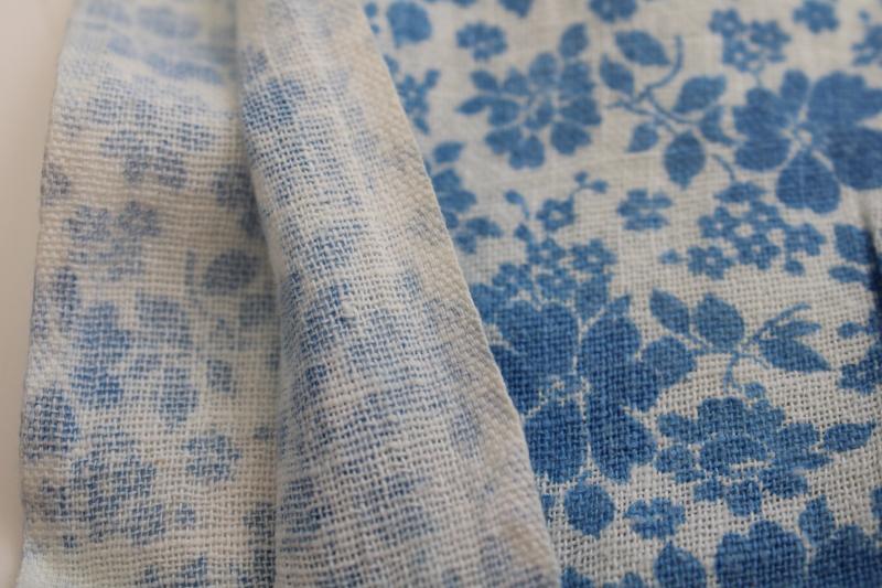 vintage homespun weave cotton feed sack fabric, blue & white print flowers
