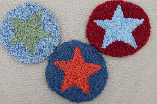 vintage hooked wool rag rug mini wall hangings, primitive stars in red & blue 