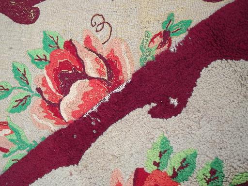 vintage hooked wool rug w/ red & pink roses, handmade hooked rug