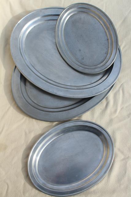 vintage hotel ware platters, large & small pewter trays Rockford Silver early 1900s