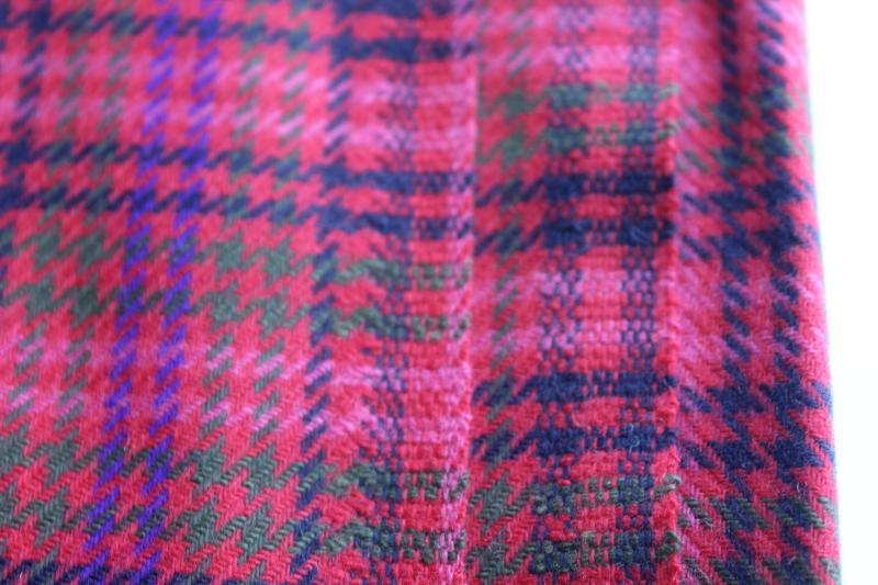 vintage houndstooth plaid wool fabric, rose pink, red, purple, black, pine green
