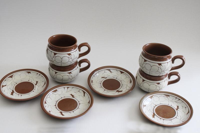vintage incised pottery cups & saucers w/ Japanese character backstamp marks