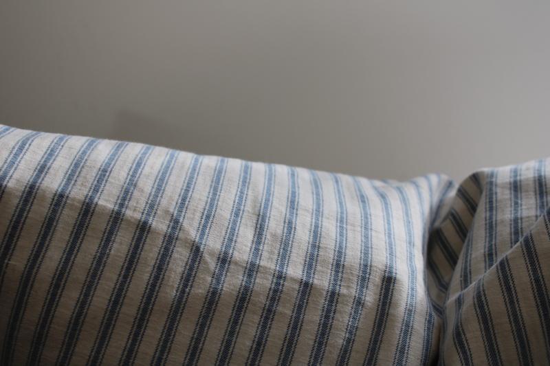 vintage indigo blue striped cotton ticking fabric heavy old feather pillow 