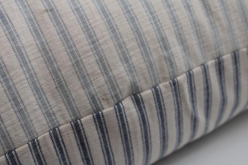 vintage indigo blue striped cotton ticking fabric heavy old feather pillow 