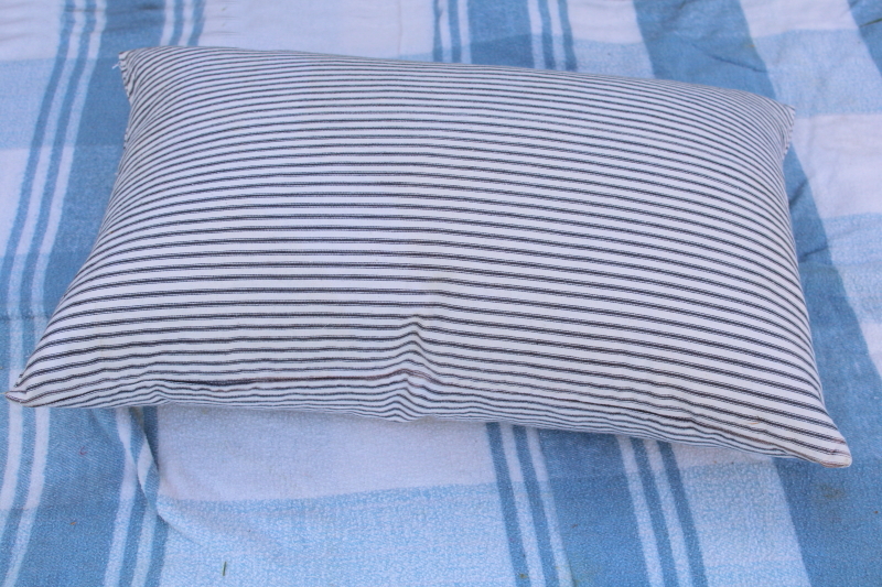 vintage indigo blue striped cotton ticking pillow, farmhouse feather pillow