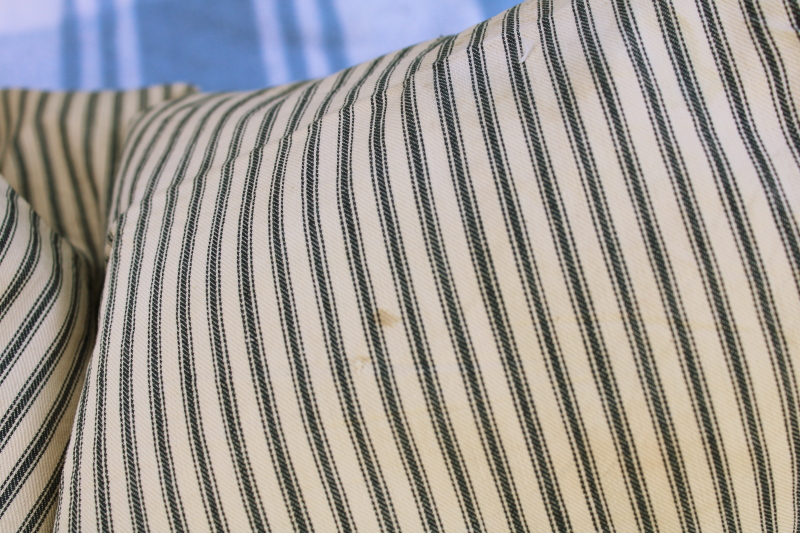 vintage indigo blue striped cotton ticking pillow, heavy old feather pillow