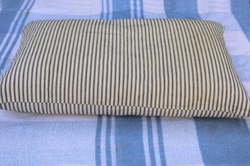 vintage indigo blue striped cotton ticking pillow, heavy old feather pillow
