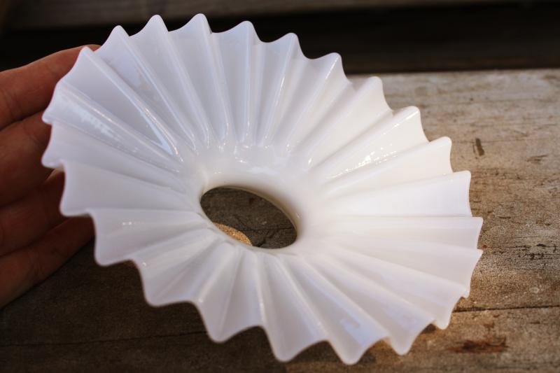 vintage industrial hanging pendant light shade, crimped flat reflector white milk glass