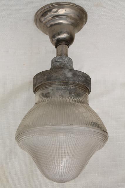 vintage industrial lighting Holophane lights hanging fixtures prismatic glass globes
