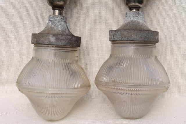 vintage industrial lighting Holophane lights hanging fixtures prismatic glass globes