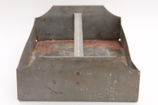 vintage industrial metal tool tote toolbox tray, rusty rustic old paint patina