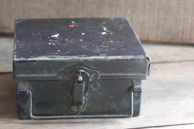 vintage industrial metal toolbox, Illinois Highway Dept first aid case w/ latch & handle