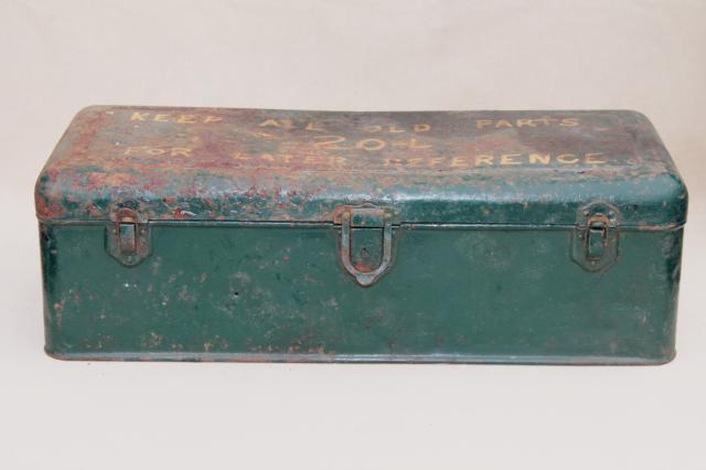 vintage industrial metal toolbox, tool chest for 1950s Hercules IXA tractor engine