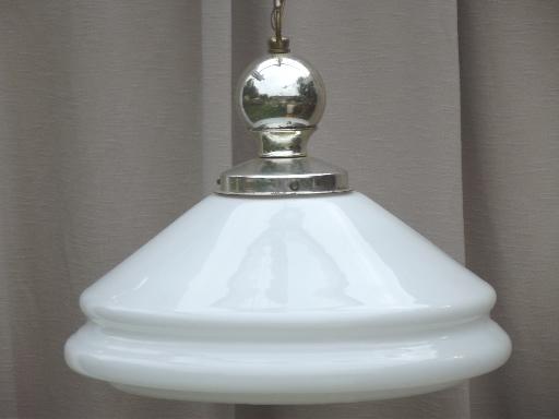 vintage industrial pendant lights w/ huge milk glass lamp shades, farmhouse style